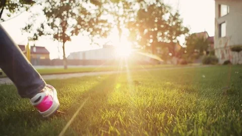 Low angle view of two long-haired small girls playing with dog in family yard Video stock 69727107