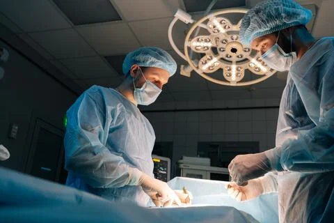 Low-angle view of two skilled male surgeons wearing sterile gloves, surgical Stock Photos