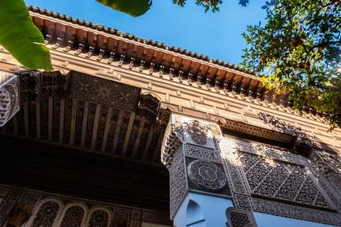 Low angle view of typical Moroccan architecture of a carved wooden arch Stock Photos