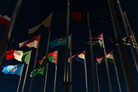 Low Angle view of United Nations and World Flags Waving at Night in Flag Pl.. 写真素材