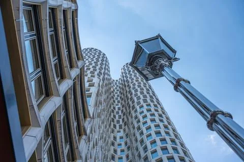 Low Angle View of Upper West Tower and Street Lamp in Berlin Stock Photos