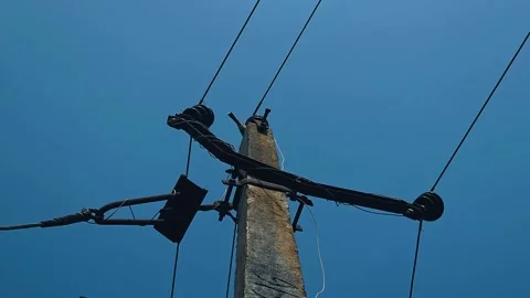 Low Angle View of Utility Post with Flickering Sparrow: A small wild bird strugg Stock-Footage 346701819