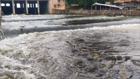 Low Angle View of Water Overflowing Concrete Weir and Dam Gate Stock Footage 343774956