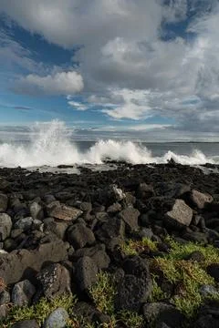 Low angle view of wave breaking over lava rocks, Galapagos Islands. Ground .. Stock Photos
