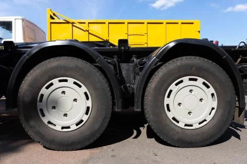 Low angle view of wheels of heavy truck Stock Photos