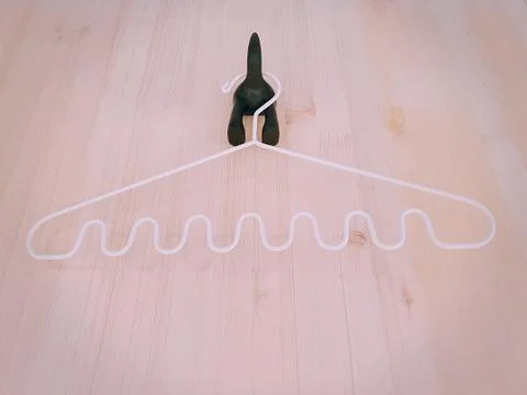 Low Angle View of White Cloth Hanger with Curvy Design Hanging on Black Dog T Foto stock