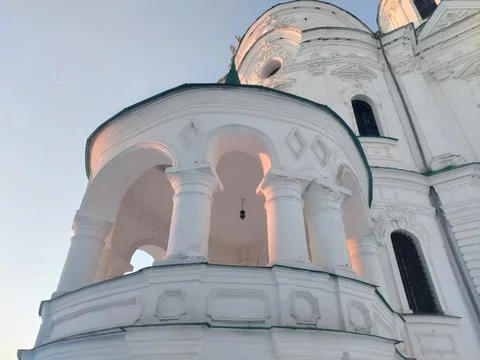 Low angle view of white Orthodox cathedral porch with columns and details Stock Photos