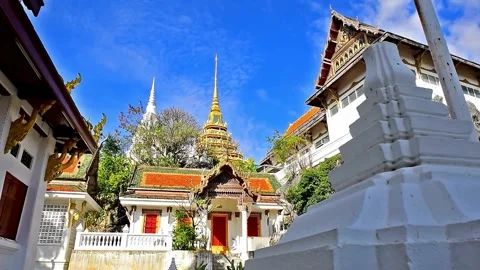 Low Angle View of White Stupa Architectural Details in Thailand Stock-Footage 310242847