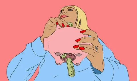 Low angle view young woman depositing money into piggy bank with hole in bottom Ilustración de archivo