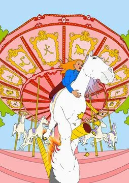 Low angle view young woman riding horse off merry-go-round Stock Illustration
