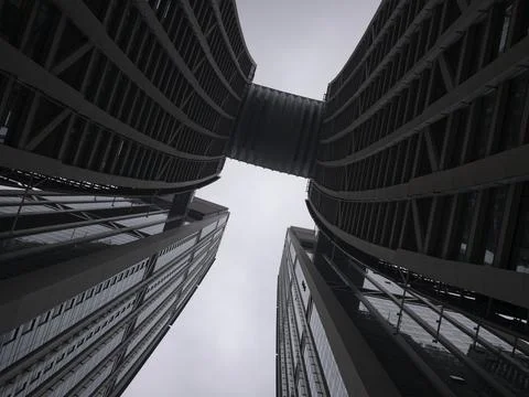 Low-angle views of curving twin towers and stacked highrise facades, China Stock Photos