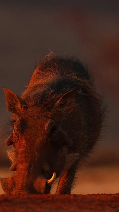 Low Angle Warthog Feeding in Warm Sunset Light, Vertical Wildlife Shot 動画素材 342992062