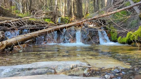 Low angle of water flowing over a small waterfall through a mountain stream Stock Footage 211421512
