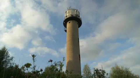 Low-angle water tower with communication antennas and plants Stock Footage 319966246