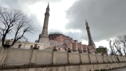 Low angle wide shot of the Hagia Sophia Grand Mosque with soaring minarets Stock Footage 340155124