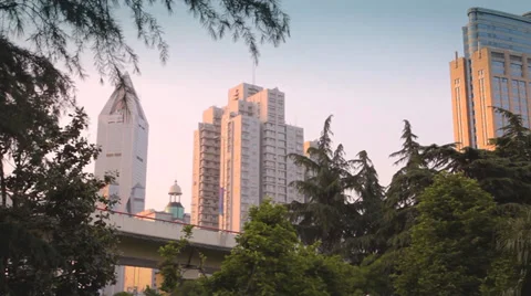 Low angle wide shot of multy-storey buildings of Shanghai Stock Footage 38734114