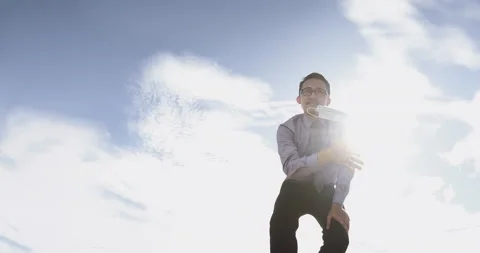 Low Angle of Young Malay Man in Office Wear Throwing Face Mask Away Then Smiles Stock Footage 135098101