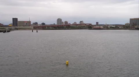 Low approach to New Haven, Connecticut over harbor and Governor John Davis Lodge Stock Footage 59169798