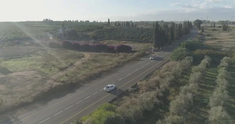 Low attitude tracking shot on a white sport car driving through open fields Stock Footage 100020361