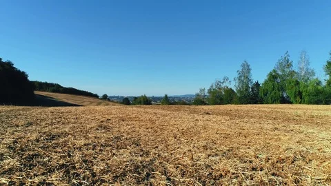 Low back drone flight over dry agricultural fields in counryside, on hot sunny Stock Footage 124030155
