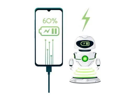 Low battery and charging your phone and robot assistant vector illustration on Stock Illustration