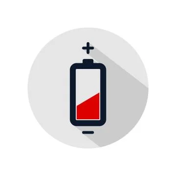 Low battery icon vector, Battery low illustration isolated on grey circle Stock Illustration
