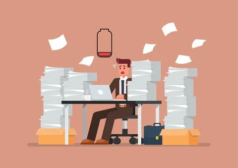 Low battery man sitting at table with laptop and pile of papers Illustrazione stock