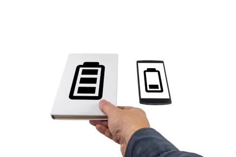 Low battery problem concept. Book vs phone Stock Photos
