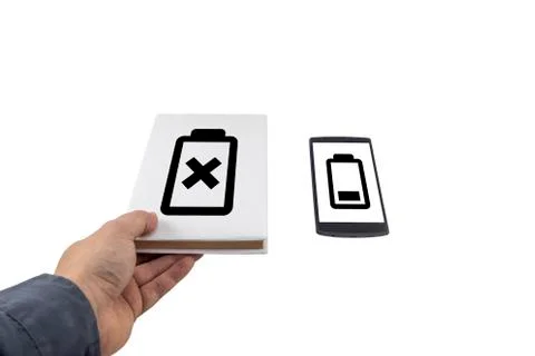 Low battery problem concept. Book vs phone 스톡 사진