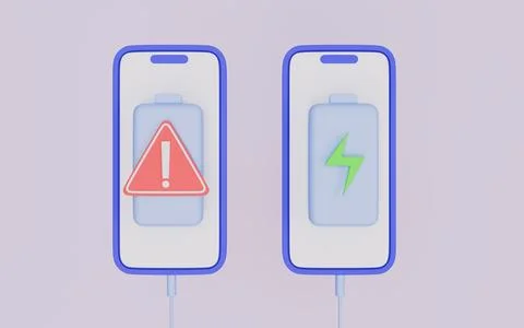 Low battery warning, Battery and exclamation mark on Phone 3d illustration Stock Illustration
