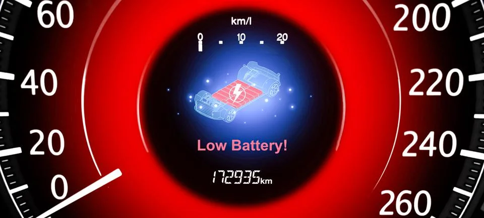 Low battery warning light on speedometer instrument panel Stock Photos