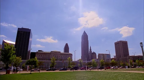 Low camera angle wide lens shot of Cleveland skyline looking south. Stock-Footage 29803474