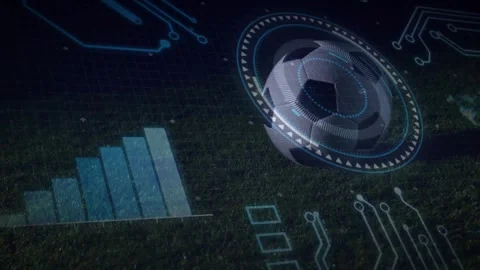 Low camera focusing soccer ball, HUD emerging for sports tech scanning, Stock Footage 331005616