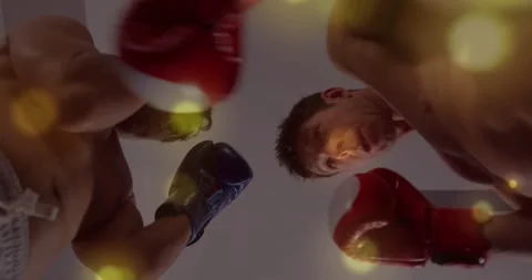 Low camera starting, two boxers checking range, adjusting guard for sparring, Stock Footage 331615122