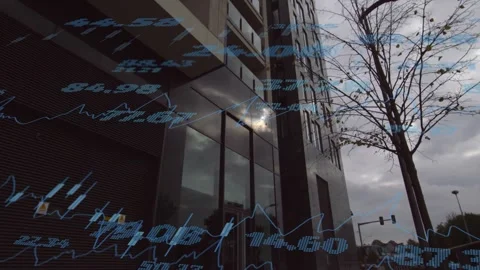 Low camera tilting upward, building showing blue data overlays shifting, Stock Footage 335761757