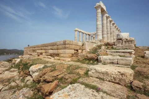 Low camera viewpoint at the Poseidon temple Stock Photos