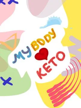 Low carb high fat white collage lettering. Keto diet flat hand drawn illustra 스톡 일러스트