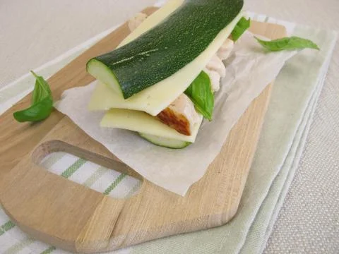Low carb vegetable sandwich without bread with zucchini, cheese and chicken Stock Photos