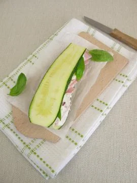 Low carb vegetable sandwich without bread with zucchini, fresh cheese and ham Stock Photos