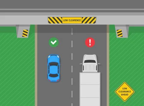 "Low clearance" marked overpass. Top view of a traffic flow. Stock Illustration