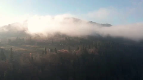 Low cloud covers the forest at the foot of the mountain Stock Footage 147508417