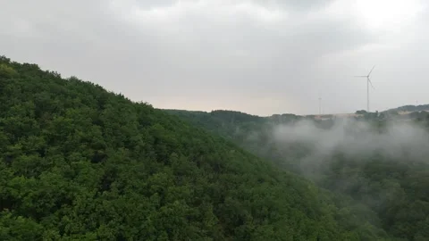 Low cloud layer over green Hunsrück forest and wind turbines Vídeos de archivo 340367794