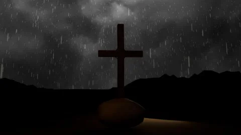 Low cloud releasing rain, raindrops falling past wooden cross while warm light Stock Footage 338356311