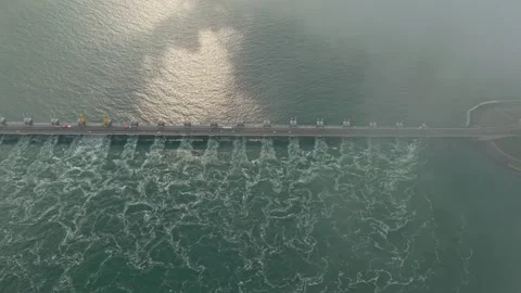 Low clouds above Eastern Scheldt surge barrier, Delta Works, Netherlands Stock Footage 315978535