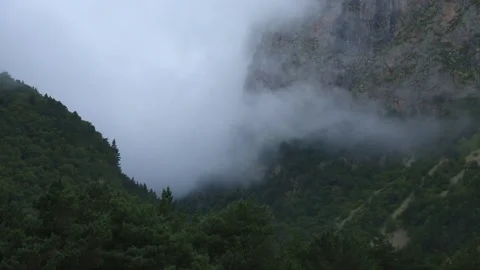 Low clouds in the mountains. Fog movement on high cliffs. Stock Footage 158459599