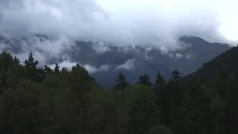 Low clouds in the mountains. The movement of fog along a mountain gorge. Video stock 158458486