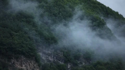 Low clouds in the mountains. Panoramic Vew of low fog in mountainous area Stock Footage 245434162