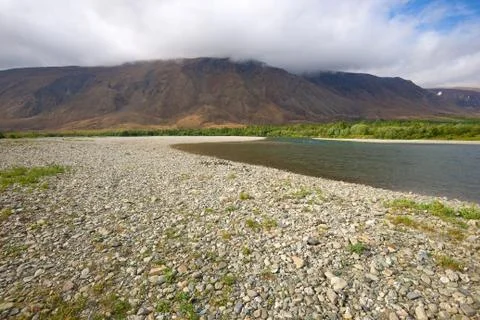 Low clouds over the Sob River. Polar Ural, Russia Stock Photos