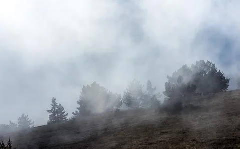 Low clouds over valley, view from the mountains. Low clouds. Stock-Fotos