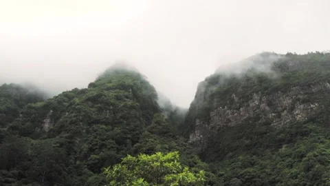 Low clouds passing over lush tropical mountains Stock Footage 293158703